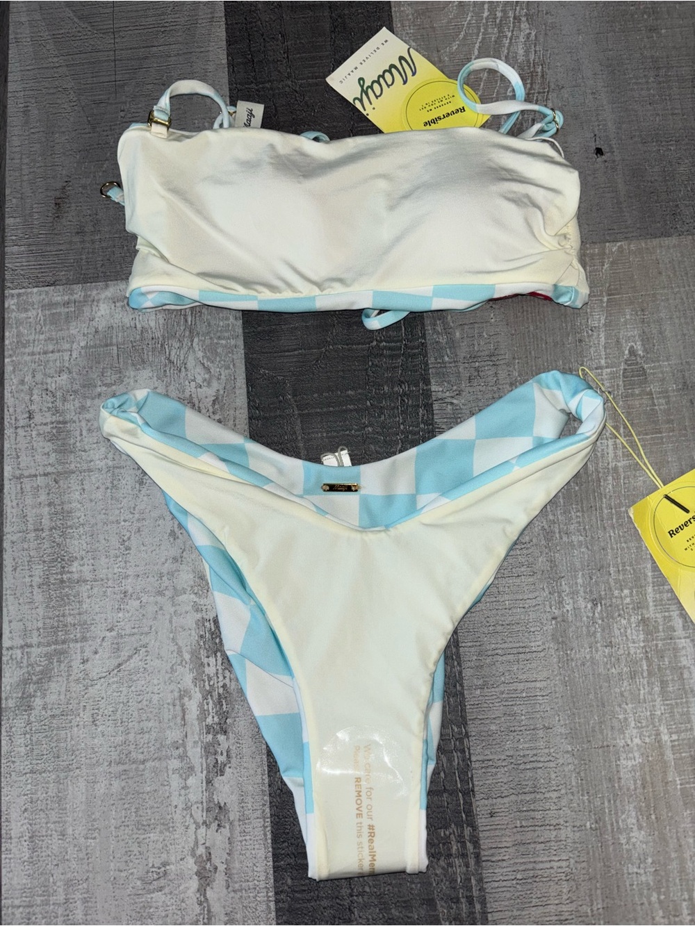 🍒NEW Maaji Bryn Light Blue Check Cherry Bandeau Bikini Set - Picture 7 of 9